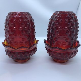 2 Fenton Glass Fairy Candle Holder Lamp Light Candleholder Vtg Hobnail Cranberry