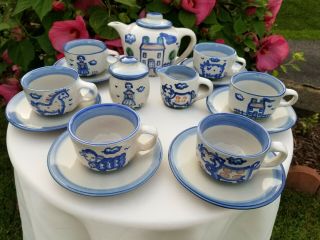 17 - Piece Vtg.  M A Hadley Pottery Complete Teapot Set Cups - Saucers - Creamer - Sugar -