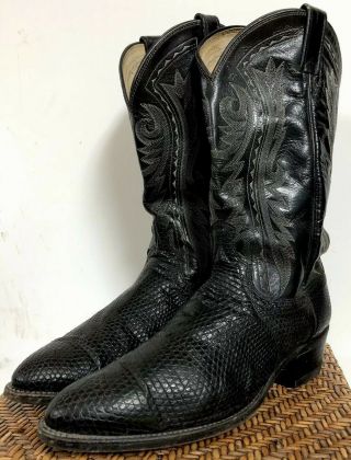 Vtg Dan Post Black Snake Skin Boots Western Cowboy,  Made Usa,  Leather Heels 11