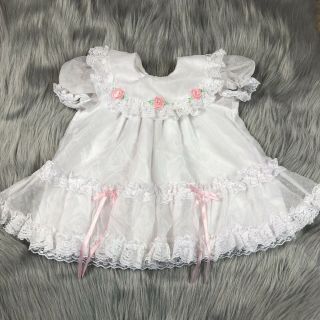 Vintage Baby Girls White Pink Swiss Dot Floral Lace Ruffle Bow Dress