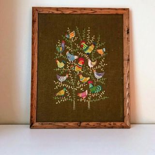 Vintage Large Rustic Crewel Hand Embroidery Chickens Framed Wall Hanging