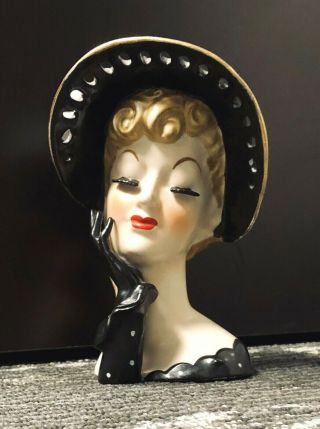 Vintage Napco Ceramic Lady Head Vase S348a Cond Black Gloves
