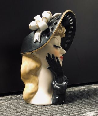 Vintage NAPCO Ceramic Lady Head Vase S348A Cond Black Gloves 3