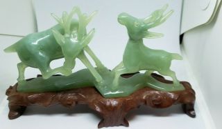 Vintage Hand - Carved Chinese Green Jade Deer Figurine W/wood Stand