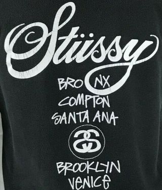 Stussy Sweatshirt Spellout City Tour List Black Medium Vintage Pullover US Made 3