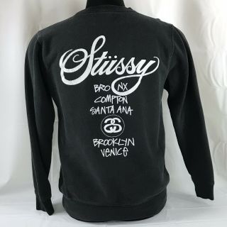 Stussy Sweatshirt Spellout City Tour List Black Medium Vintage Pullover US Made 4