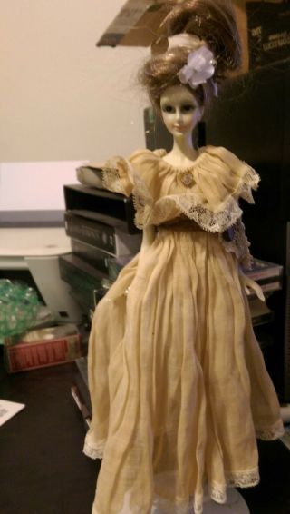 Antique French Boudoir Doll Long Dress With Belt And Jewelry Human Hair