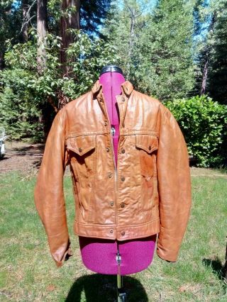 1970s Beau Breed Vintage Tan Leather Motorcycle Trucker Jacket Sz 42