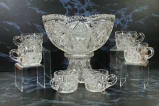 Vintage Imperial Glass Clear Hobstar Arch Punch Bowl Set