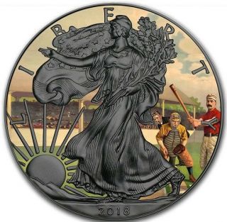 2018 $1 Vintage American Baseball Walking Liberty 1 Oz Silver Coin,  Ruthenium.