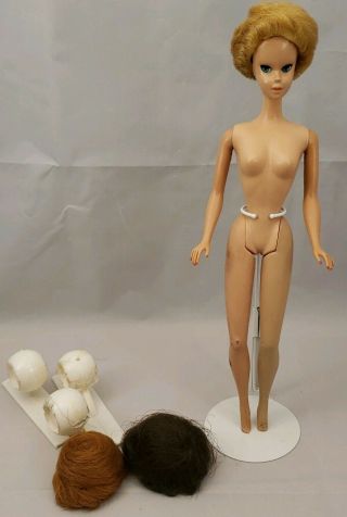Vintage 1964 Miss Barbie Very Tlc Nude Only 3 Wigs Broken Wig Stand Parts Repair