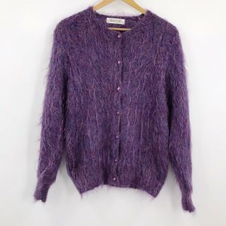 Vtg Red Leaf Womens Button Front Fuzzy Mohair Wool Cardigan Sweater Purple Sz L