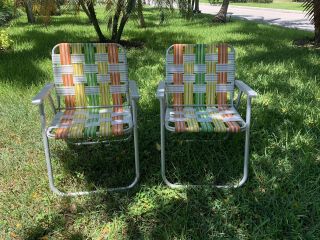 2 Vintage Matching Aluminum Mid Century Folding Webbed Lawn Chairs