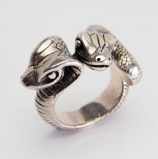 Vintage Goth Biker Sterling Silver Double Headed Snake Designer Ring Size 12