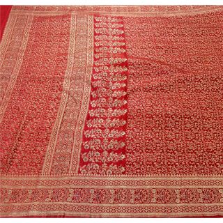 Sanskriti Vintage Red Heavy Saree Pure Satin Silk Woven Banarasi Brocade Sari