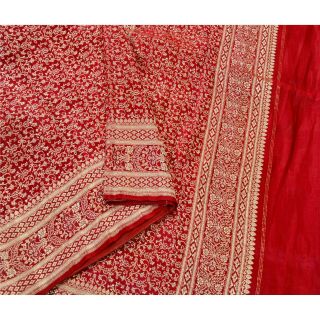Sanskriti Vintage Red Heavy Saree Pure Satin Silk Woven Banarasi Brocade Sari 2