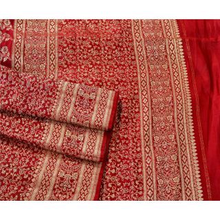 Sanskriti Vintage Red Heavy Saree Pure Satin Silk Woven Banarasi Brocade Sari 3