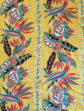 1940s Cold Rayon Yellow Border Print Hawaiian Fabric Vtg Bird Of Paradise 1950s