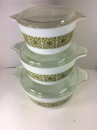 Vintage Pyrex Square Flowers Verde Green Round Casserole Dish Set 3 W Lids