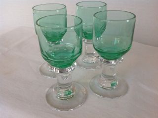 4 Antique Vintage Green Uranium Glass Faceted Panel Cut Cordial Liqueur Glasses