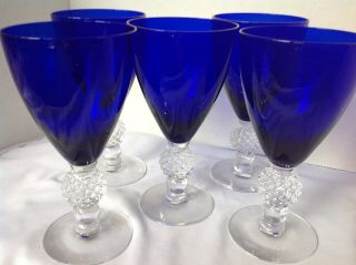 5 Vintage Cobalt Blue Glass Morgantown Water Goblets - Golf Ball Pattern
