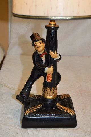 Vintage Chalkware Lamp Of Drunk Man Hanging On To Light Post,  Charlie Chaplin