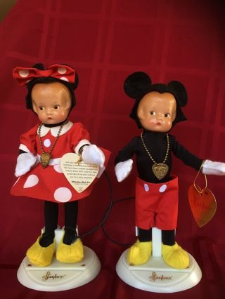 Set Of Vintage Effanbee 12” Minnie And Mickey Dolls With Stands.