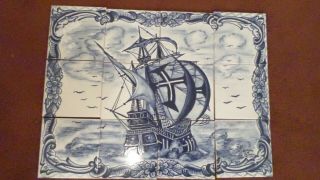 Signed 12pc Vintage Make In Portugal Old Sailing Ship Tile Art Blue/white 23x17