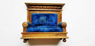 Antique Heavy Solid Walnut Blue Velvet Covered Sofa With High Back And Carvings