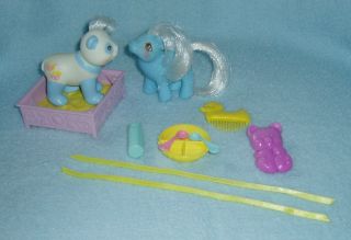 Rare Vintage My Little Pony " Baby Stripes & Baby Nectar ",  All Accessories - Euc