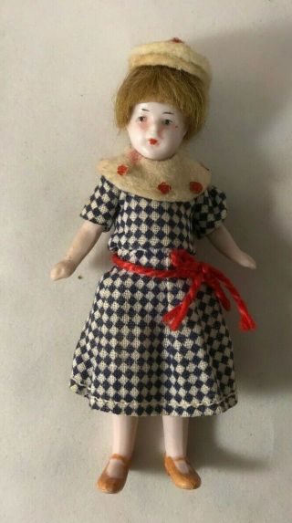 Antique German Bisque Girl In Blue Checked Dress With Beret