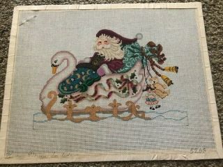 Hand Painted Needlepoint Canvas Swan Sleigh With Santa Vintage Signed Canvas