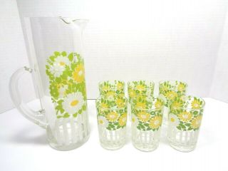 Vintage West Virginia Glass Co Juice Carafe & 6 Glasses Yellow & White Daisy