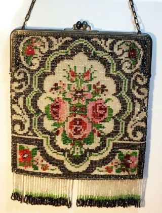 Antique 1920s Metal Mesh Rose Design Purse With Fringe And Chain Strap Gorgeous
