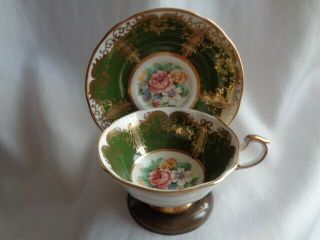 Vintage Paragon Bone China Cup & Saucer Set Olive Green - Flowers
