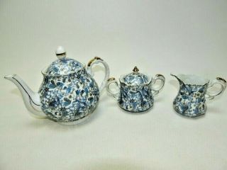 Lefton China Vintage Blue Paisley Teapot Cream & Sugar Gold Trim
