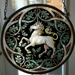 Vtg Glass Masters Unicorn Garden Hunt Stained Glass Suncatcher Fantasy Mythical