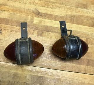 Vintage Pair Do - Ray Glass Red Amber Bee Hive Marker Lights Rat Rod W/bracket