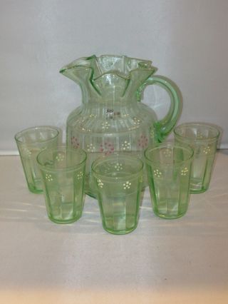 Vintage Depression Green Glass Enamel Floral Painted Pitcher And 5 Glasses