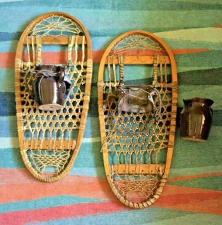 Vintage 1940’s Usa C.  A.  Lund Bear Paw Rawhide Wood Snowshoes W/ Bindings 28x13