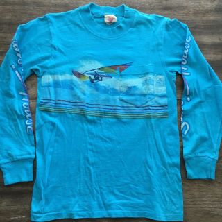 Vintage 80s All Over 2 Sided Long Sleeve Surf Sailboard Beach Bum Pocket T Shirt