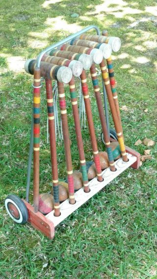 Vintage 6 Player Croquet Set Complete On Rolling Stand Caddy