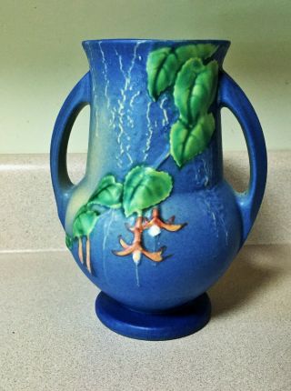 Vintage Art Deco Roseville Pottery Fuchsia Blue Handled Vase 898 Circa 1938