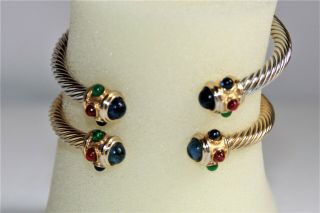 Vintage Twisted Polished Gold And Silver Cuff Bracelets With Cabochon Gems.