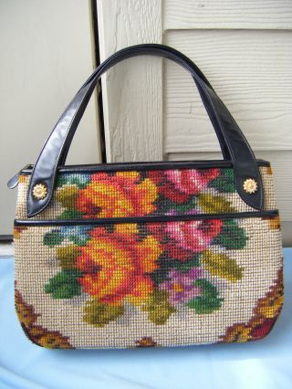 " Koret " Vtg 60s Rare Floral Carpet Tapestry Italy Made Large Purse W/coin Purse