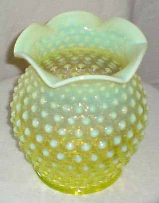 Vintage Imperial Glass Yellow Uranium Topaz Opalescent Hobnail Pattern Vase