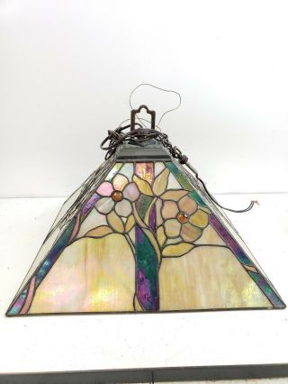 Vintage Quoizel Tiffany Style Stained - Glass Hanging Ceiling Light 3 Light Floral