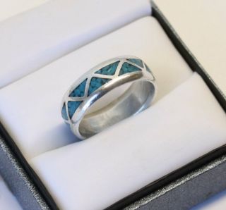 Vintage Navajo Inlaid Turquoise & Sterling Silver Wedding Band/ring Old Pawn