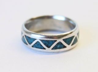 Vintage Navajo inlaid Turquoise & Sterling Silver Wedding Band/Ring Old Pawn 2