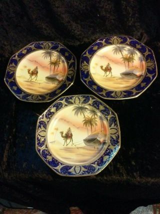 Three Vintage Noritake Handpainted 8 " Octagon Plates Desert Scene Gold Encrusted